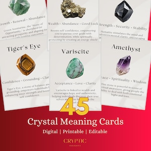45 tarjetas de significado de cristales editables / Guía de piedras preciosas imprimible con propiedades curativas / Tarjetas de cristales digitales coloreadas para obtener conocimiento