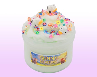 Cloud Slime Drizzly Sunny Meadows ASMR, Jasmine Bergamot Scented Sensory Toy, Cow Charm Flower, Cottagecore Gift Kids, Choose Size Scent