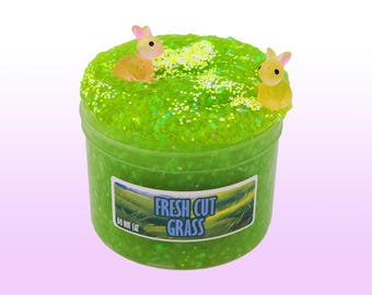Fresh Cut Grass Bingsu Slime, Crunchy ASMR Slime with Glow In The Dark Bunny Charms & Spring Glitter, sensory gift, choose size and scent