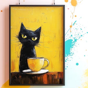 Black Cat Coffee Art Print: Retro Kitchen Decor (Digital Download)
