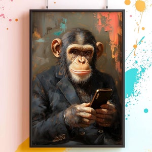 Impresión artística de mono en teléfono móvil / Descarga de pintura al óleo vintage / Arte mural de vida salvaje peculiar, decoración imprimible