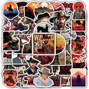Set 60 Stickers for Rdr Fans Western Cowboy Posters, Hat Bands, Waterproof Vinyl Sticker Sheet for Laptop, Phone, Water Bottle, and More