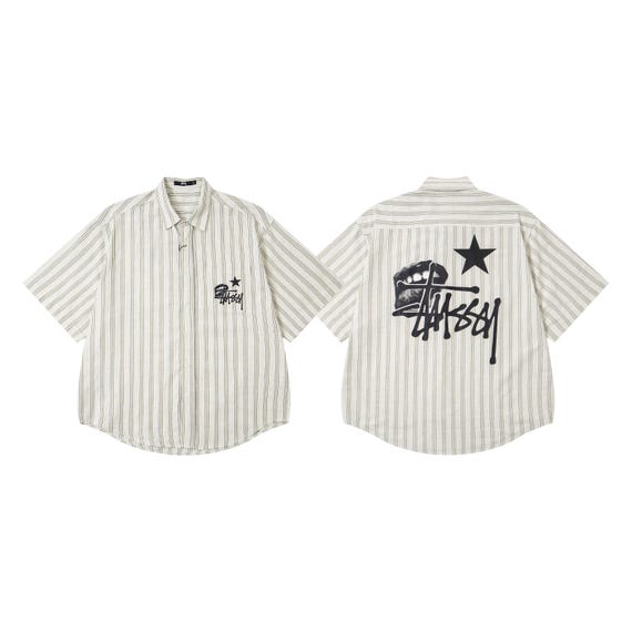 Stüssy Men's Striped Short-sleeve Button-down – Star Graphic Back