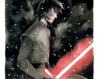 Kylo Ren Ben Solo Art Print Watercolor Watercolour Star Wars Light Saber