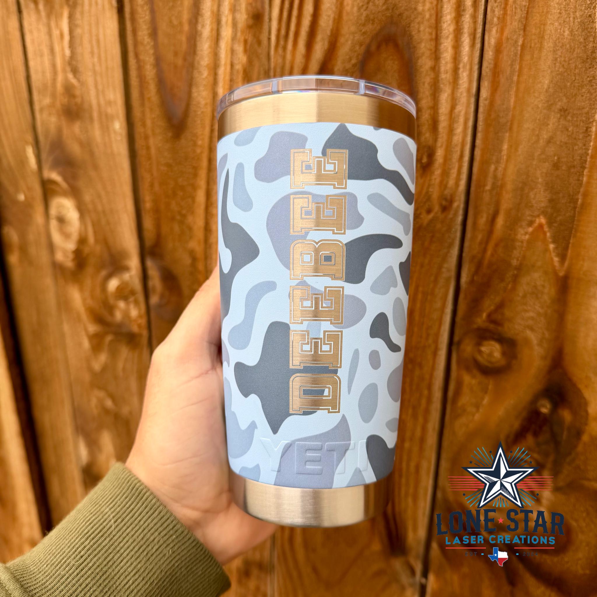 Personalized YETI Blue Camo Tumbler: Laser Engraved 20 Oz Camo