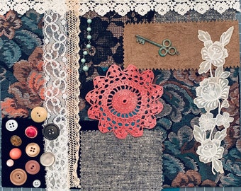 Slow Stitch Boro Collage Junk Journal Vintage  Mixed Media Textile Art Inspiration Kit Crochet Rose