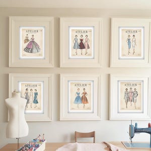 Patrón de costura vintage de moda original, descarga digital imprimible, decoración de pared, juego de 6 para cuarto de costura, sala de manualidades y dormitorio.