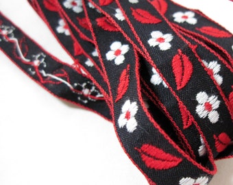 Fabric Trim Vintage Black Red White Floral 4 yards plus 18 inches