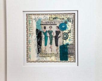 Fashion Pattern Mixed Media Collage Original Art with Mat Aqua Vision