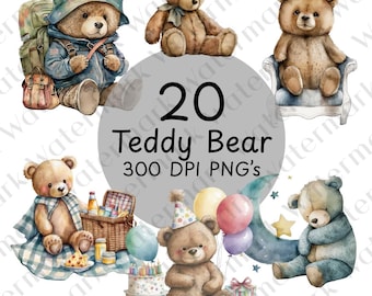Teddy Bear Watercolor  Clipart Bundle: Nursery Art, Baby Shower (20 PNG Images, Commercial Use)