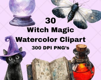 Witchy & Magic Clipart Bundle: Candles, Crystals, Cats, Potion Bottles (30 PNG Images, Commercial Use)