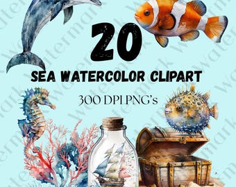 Pakiet akwarelowych clipartów z motywem życia morskiego: zwierzęta oceaniczne, dekoracje marynistyczne (20 obrazów PNG, do użytku komercyjnego)