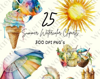 Summer Watercolor Clipart Bundle: Beach & Tropical 25 PNG Images (Commercial Use)