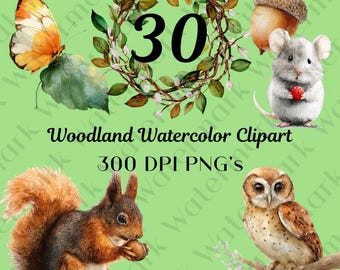 Imágenes prediseñadas de animales del bosque en acuarela: 30 PNG, decoración para habitación infantil