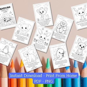May include: A set of 10 printable coloring pages featuring various animals, including a turtle, elephant, bunny, lion, monkey, dolphin, penguin, dog, and giraffe. Each page includes a short Bible verse.