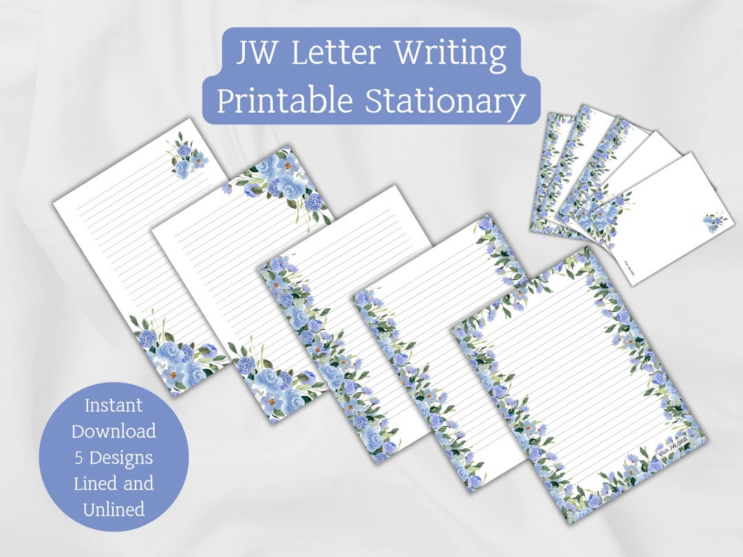 JW Letter Writing Paper Template, Blue Flowers Roses Hydrangeas Instant ...