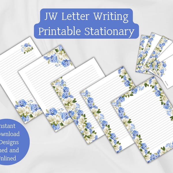 Plantilla de papel para escribir cartas de JW, hortensia azul y rosa blanca, descarga instantánea, impresión en casa, suministros para el servicio de campo, papelería en formato PDF de jw.org