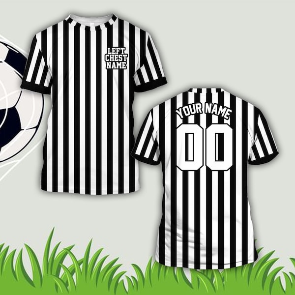 Benutzerdefinierte Schiri-Shirt personalisierte Schwarz Weiß Nadelstreifen Jersey All Over Print-Shirt Athletisch Schiri-Jersey Spieltag Outfit Geschenk für Refree