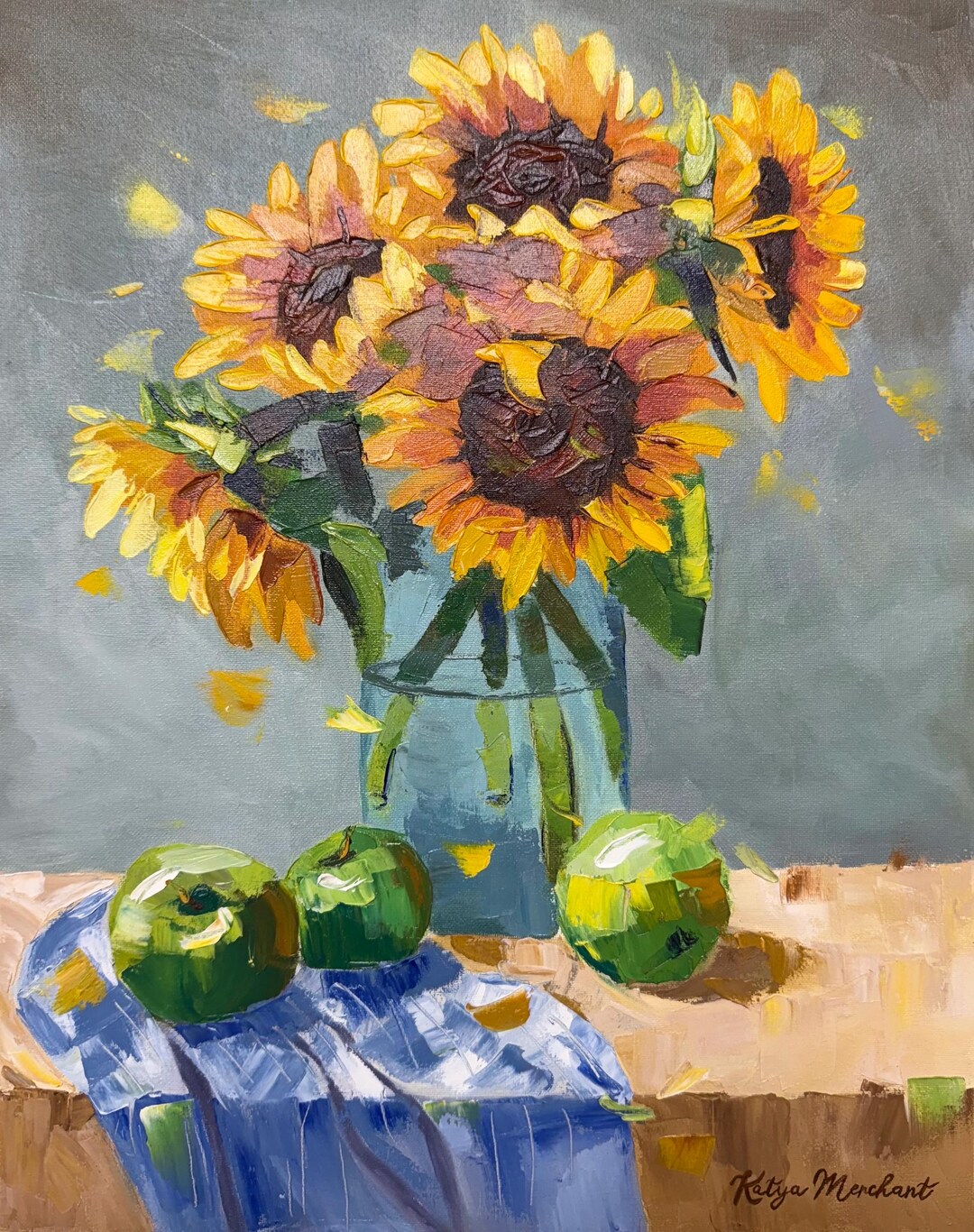 Sunflowers and Apples, Original Palette Knife Oil Painting, 20x18 - Etsy