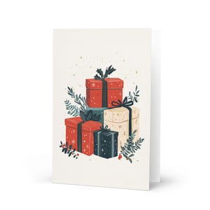 Tarjeta de felicitación con regalos de Navidad, tarjeta de vacaciones, tarjeta festiva, tarjeta de felicitaciones de temporada, tarjeta de regalos