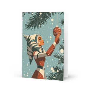 Tarjeta de felicitación inspirada en Ahsoka Tano, tarjeta festiva, tarjeta festiva, saludos de temporada, ciencia ficción, tarjeta navideña, inspirada en Star Wars