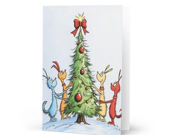 Arbre de Noël et carte de voeux animaux, carte de vœux, carte de fête, carte de voeux de saison