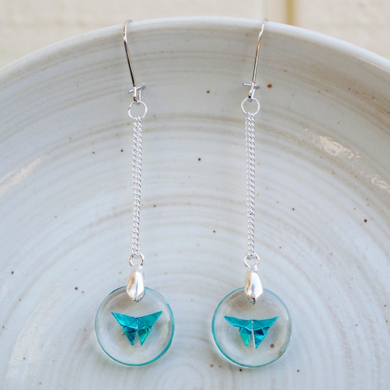 Butterfly Origami Earring Light Blue In Clear Resin Round Drop Paper Fold Patrick Glass Cute Mini Handmade Original Gift Mom Her Jewelry