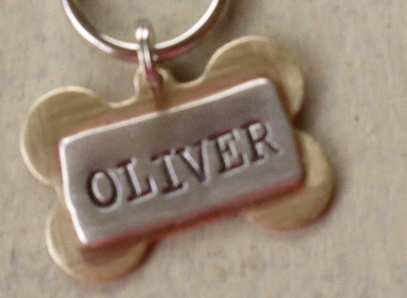 Etiqueta de perro Etiqueta de identificación de mascota personalizada / Oliver Bone TINY Multi Metal Identificación personalizada Joyería para mascotas imagen 3