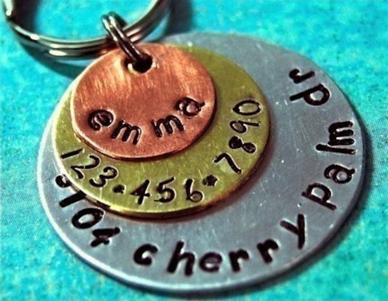 May include: A layered pet tag with a copper, brass, and silver finish. The top copper layer has the name "emma" stamped on it. The brass layer has a phone number, and the silver layer has an address.