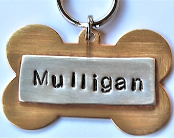 Dog Tag Custom Pet id tag / LARGE Brass Bone with Sterling name plate Multi Metal Personalized Custom Identification Pet Jewelry