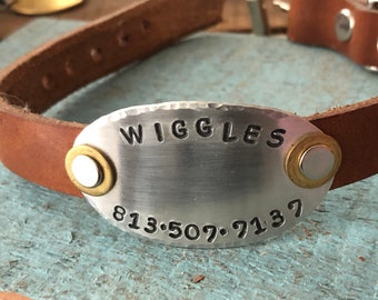 Leather Dog Collar Perfect Oval  This collar has tag and collar ALL IN ONE . Made to last Personalized Custom Identification Pet Jewelry