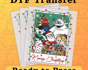 May include: DTF Transfer sheets featuring a colorful Christmas design with Santa Claus, reindeer, and other holiday characters. The image includes the text "Merry Christmas" and "Ready to Press."