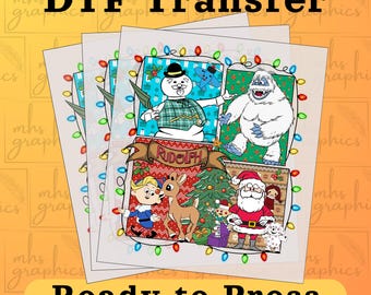 May include: DTF Transfer sheets featuring Christmas-themed illustrations. The designs include a snowman, a yeti, Santa Claus, Rudolph the Red-Nosed Reindeer, and other holiday characters. The text "Ready to Press" is also visible.