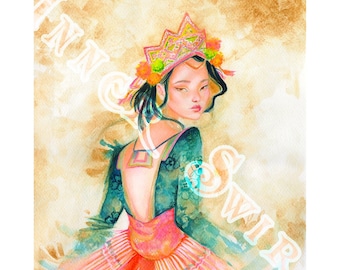May include: A watercolor painting of a woman wearing a pink and green dress with a crown and floral headpiece. The woman is looking over her shoulder with a soft expression.