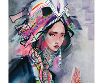 May include: A watercolor painting of a woman wearing a colorful headdress and a patterned dress. The woman is holding her hand up to her face, and the background is a light gray.