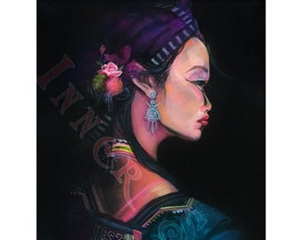 May include: A painting of a woman with dark hair and a purple headscarf. She is wearing a blue and green patterned dress with a pink sash. The background is black.