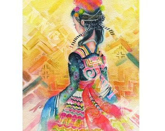May include: A watercolor painting of a woman wearing a colorful traditional dress and a floral headpiece. The woman is standing in front of a yellow background with abstract shapes.