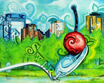 May include: A colorful painting of a city skyline with a large red cherry on a silver spoon in the foreground. The cherry is on top of a spoon that is resting on a bed of green grass. The city skyline is in the background and is made up of tall buildings with blue, green, and yellow accents. The painting is done in a vibrant style with bold colors and brushstrokes.