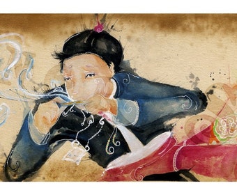 May include: Watercolor painting depicting a person in traditional attire, with a dark blue jacket and black sleeves, and a pink and orange garment. The artwork has a vintage aesthetic, with the title "The Vow" in blue script at the bottom.