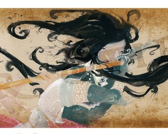 May include: An artistic illustration of a person playing a flute, with long black hair and flowing garments. The artwork features a soft color palette with pink and teal accents, and the text "The Promise" is at the bottom.