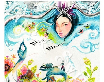 May include: A watercolor painting of a woman with long blue hair, wearing a white dress with a colorful pattern. She is holding a small, dark animal in her hand. The background is a blue and white abstract design with flowers and plants.