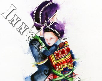May include: Watercolor painting of a woman in a red dress and a colorful patterned vest holding a child in a blue and green vest. The woman is wearing a purple hat with white stripes. The painting is done in a whimsical style.