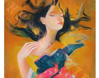 May include: An artistic painting of a woman with long black hair and a serene expression. She is wearing a red and blue patterned garment. The background is a warm orange hue, with the word "INSPIR" visible in the upper left corner.