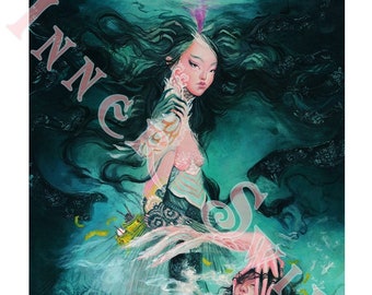May include: A painting of a woman with long, flowing green hair, wearing a white and blue dress. She is holding a hand over the face of another woman, who is wearing a red and blue dress. The background is a dark blue and green.