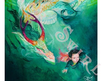 May include: A watercolor painting of a green dragon with red horns and a girl with long black hair floating in the water. The girl is wearing a pink and white dress and a crown. The dragon is surrounded by green leaves and water.