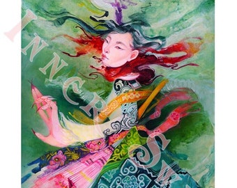 May include: A watercolor painting of a woman with long, flowing red hair and a colorful patterned dress. The woman is surrounded by a green and blue background.