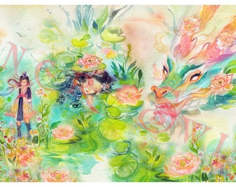 May include: A watercolor painting of a dragon with pink and green scales, flowers, and a girl in a blue dress. The dragon is in the upper right corner of the image, and the girl is in the lower left corner. The background is a light blue and green.