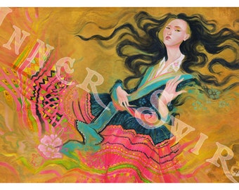 May include: A painting of a woman with long black hair wearing a blue and pink dress. The woman is surrounded by a swirling, abstract background of yellow, green, and pink.