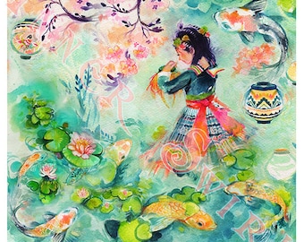 May include: A watercolor painting of a young girl in a traditional Asian dress standing in a pond with koi fish and lotus flowers. The girl is holding a small fish in her hand. The background is a soft blue and green with pink blossoms.