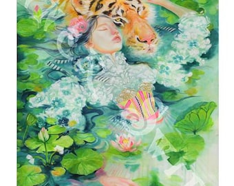 May include: An artistic painting depicts a woman and a tiger in a serene aquatic setting. The woman, with closed eyes, is adorned with flowers and a decorative garment. The tiger's head rests near her, amidst lily pads and lotus flowers.